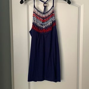 No boundaries navy blue cotton tank with Red, white, blue embroidery size large.